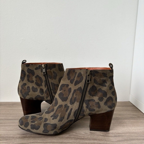 Penelope Chilvers Boots Havana Khaki Leopard Suede Zipped Ankle Boots 41 / 11 US - Picture 2 of 9